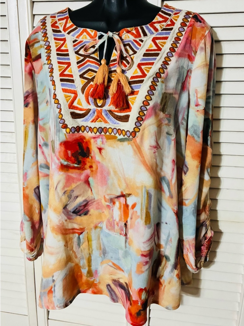 John Mark Multicolor Watercolor Embroidered Tassel Tunic